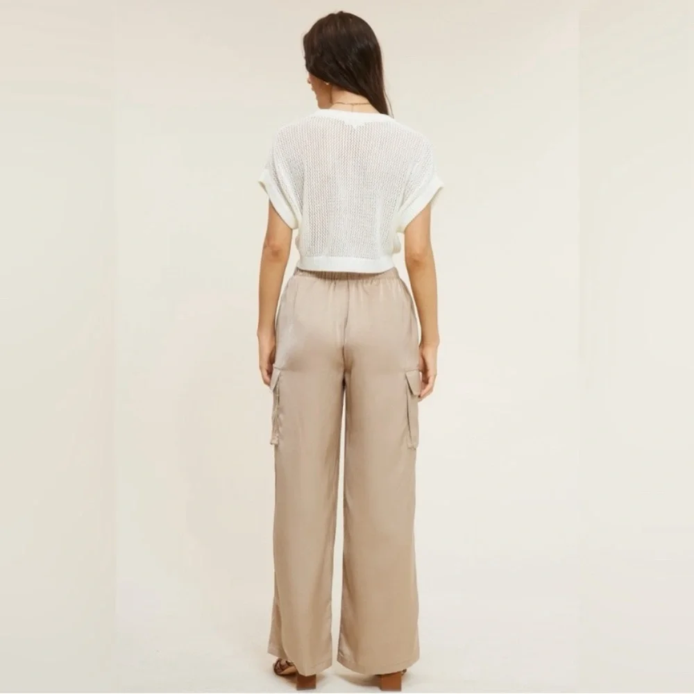 Mimosa • Tan High Rise Drawstring Wide Leg Satin Pants